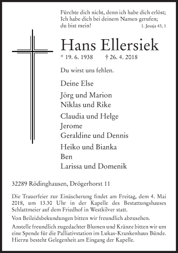 Traueranzeige von Hans Ellersiek von Neue Westfälische