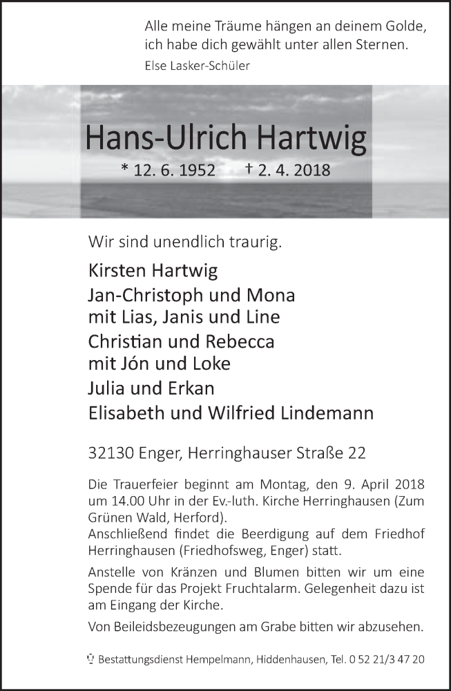  Traueranzeige für Hans-Ulrich Hartwig vom 05.04.2018 aus Neue Westfälische