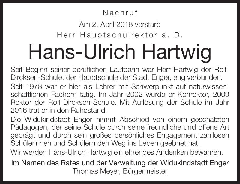  Traueranzeige für Hans-Ulrich Hartwig vom 06.04.2018 aus Neue Westfälische