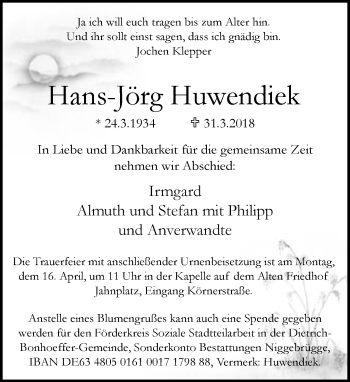 Traueranzeige von Hans Jörg Huwendiek von Neue Westfälische