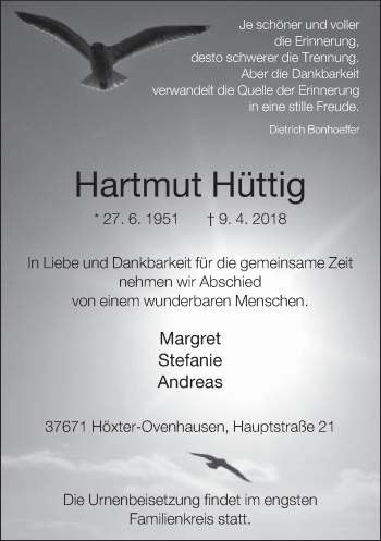 Traueranzeige von Hartmut Hüttig von Neue Westfälische
