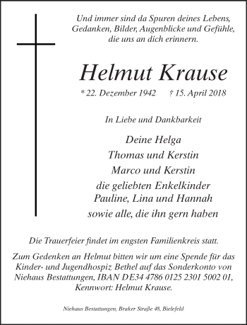 Traueranzeige von Helmut Krause von Neue Westfälische