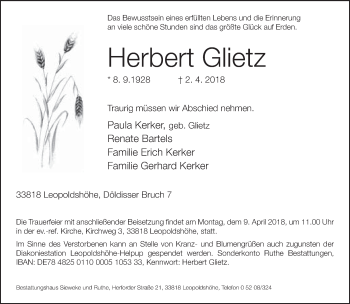 Traueranzeige von Herbert Glietz von Neue Westfälische