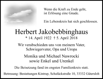 Traueranzeige von Herbert Jakobebbinghaus von Neue Westfälische