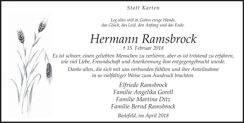  Traueranzeige für Hermann Ramsbrock vom 21.04.2018 aus Neue Westfälische