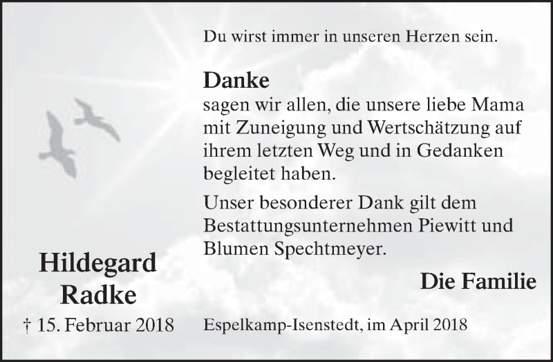  Traueranzeige für Hildegard Radke vom 07.04.2018 aus Neue Westfälische