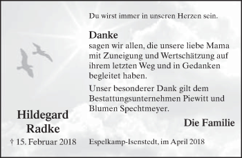 Traueranzeige von Hildegard Radke von Neue Westfälische