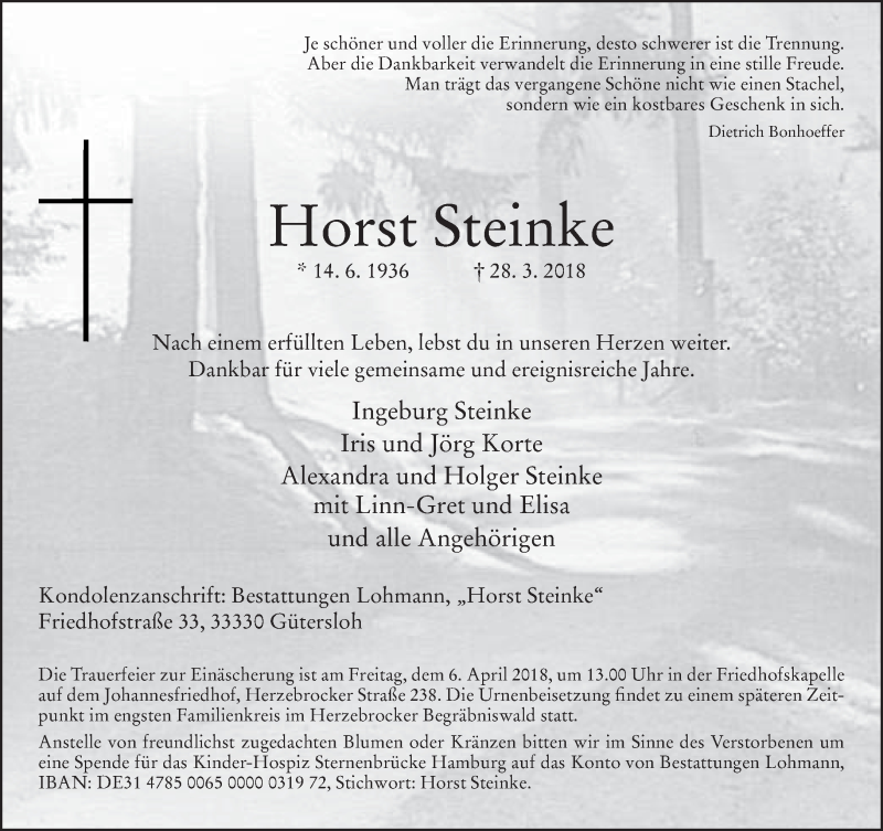  Traueranzeige für Horst Steinke vom 05.04.2018 aus Neue Westfälische