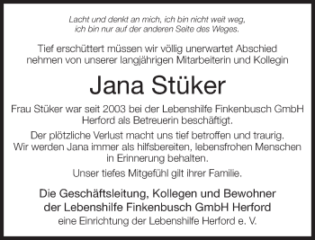 Traueranzeige von Jana Stüker von Neue Westfälische