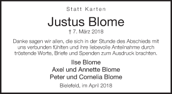 Traueranzeige von Justus Blome von Neue Westfälische