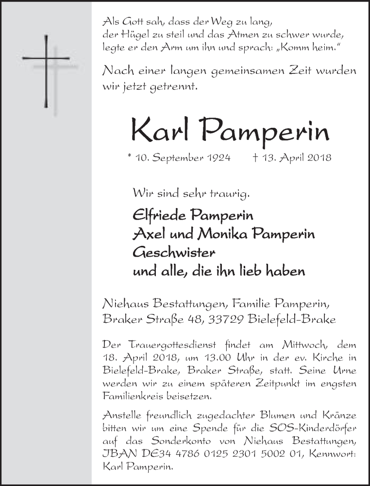  Traueranzeige für Karl Pamperin vom 14.04.2018 aus Neue Westfälische