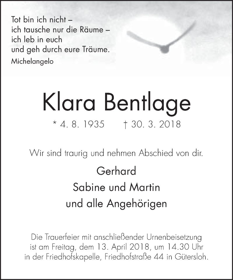  Traueranzeige für Klara Bentlage vom 06.04.2018 aus Neue Westfälische