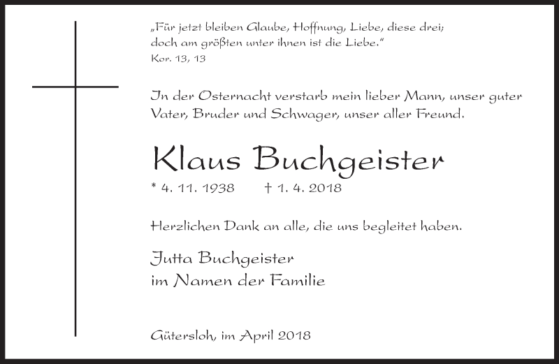 Traueranzeige für Klaus Buchgeister vom 14.04.2018 aus Neue Westfälische