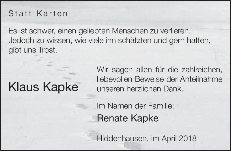  Traueranzeige für Klaus Kapke vom 21.04.2018 aus Neue Westfälische