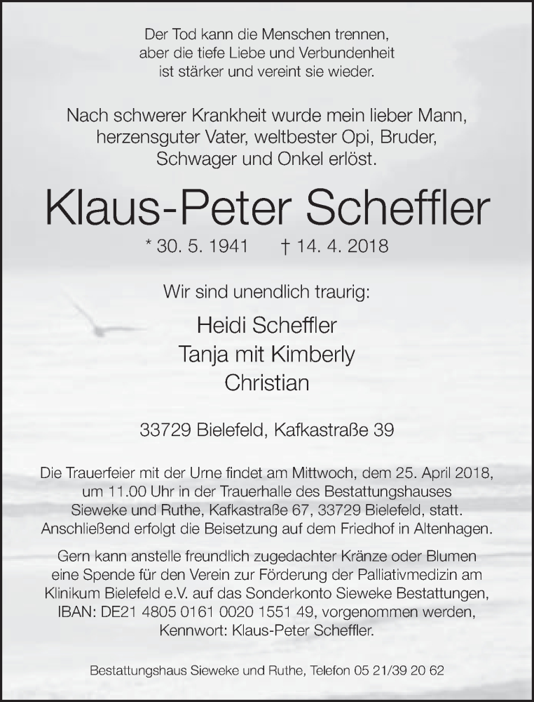  Traueranzeige für Klaus-Peter Scheffler vom 21.04.2018 aus Neue Westfälische