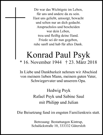 Traueranzeige von Konrad Paul Psyk von Neue Westfälische