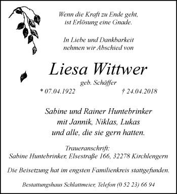 Traueranzeige von Liesa Wittwer von Neue Westfälische