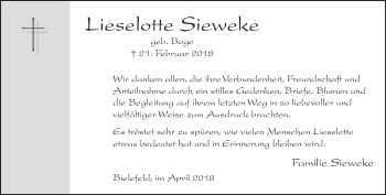Traueranzeige von Lieselotte Sieweke von Neue Westfälische