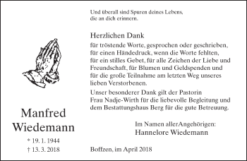 Traueranzeige von Manfred Wiedemann von Neue Westfälische