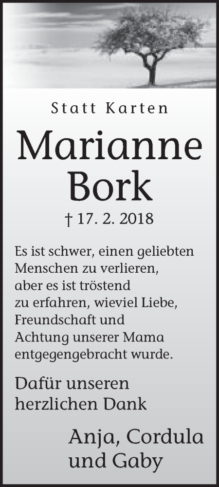  Traueranzeige für Marianne Bork vom 07.04.2018 aus Neue Westfälische