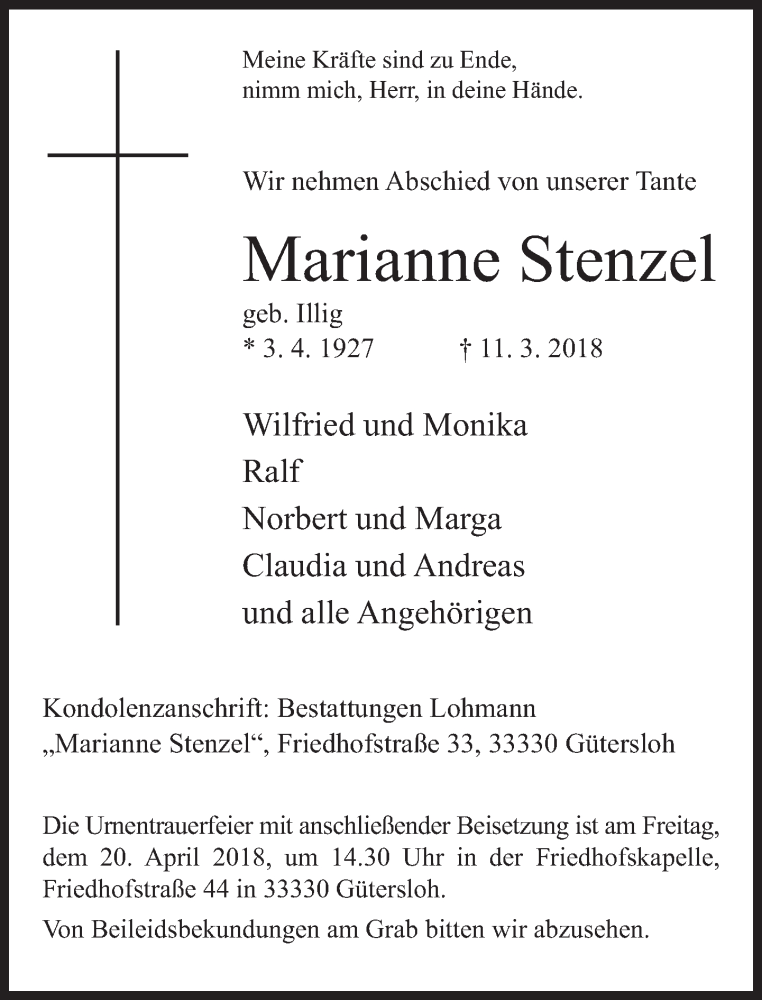  Traueranzeige für Marianne Stenzel vom 07.04.2018 aus Neue Westfälische