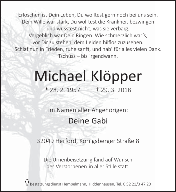 Traueranzeige von Michael Klöpper von Neue Westfälische