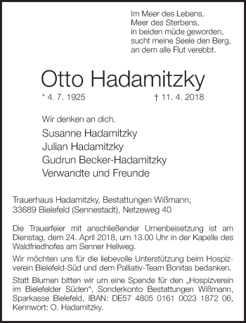 Traueranzeige von Otto Hadamitzky von Neue Westfälische