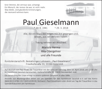 Traueranzeige von Paul Gieselmann von Neue Westfälische