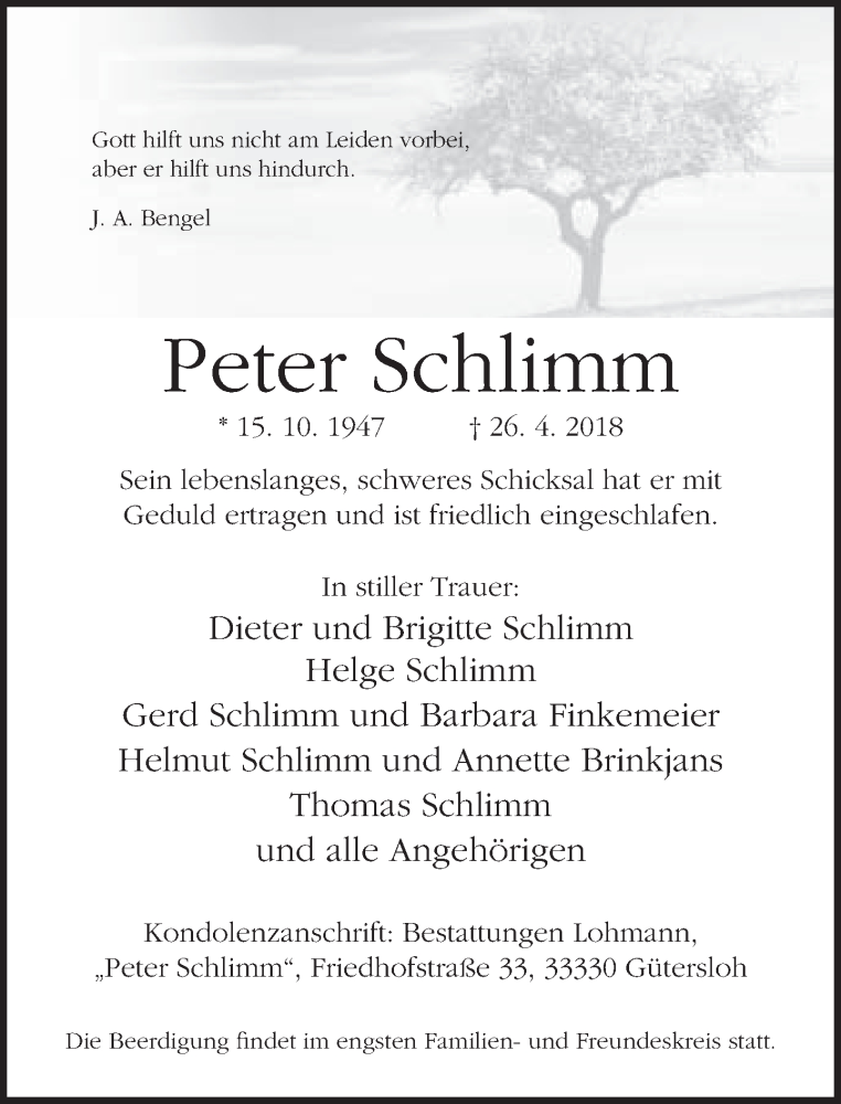  Traueranzeige für Peter Schlimm vom 28.04.2018 aus Neue Westfälische