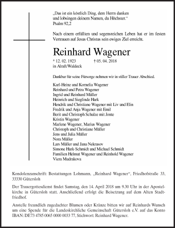 Traueranzeige von Reinhard Wagener von Neue Westfälische