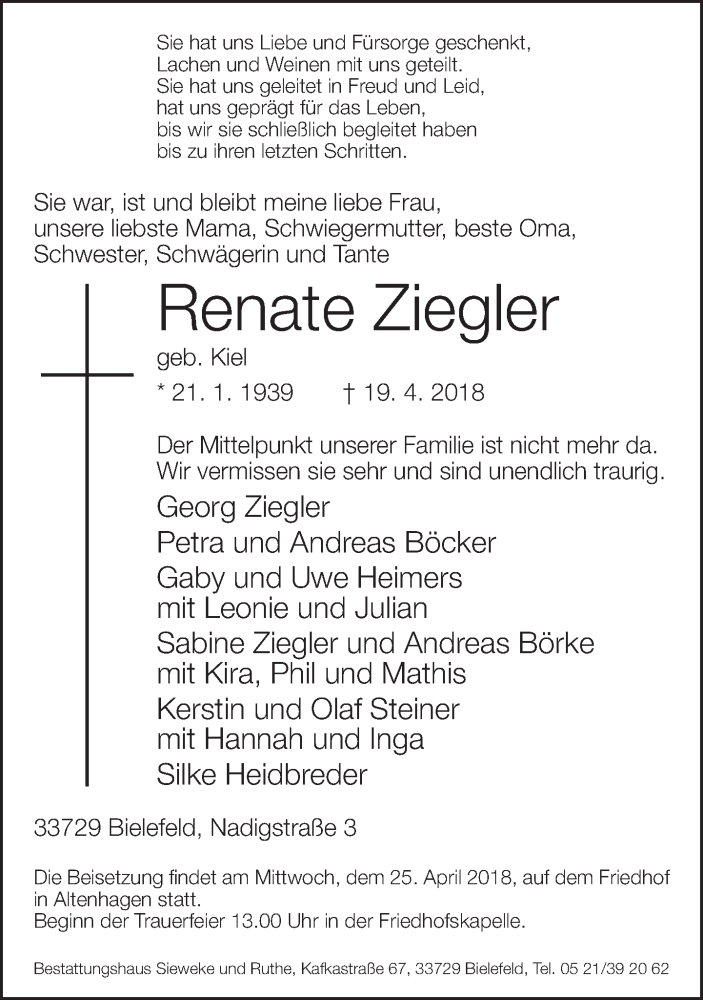  Traueranzeige für Renate Ziegler vom 23.04.2018 aus Neue Westfälische