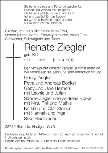 Traueranzeige von Renate Ziegler von Neue Westfälische
