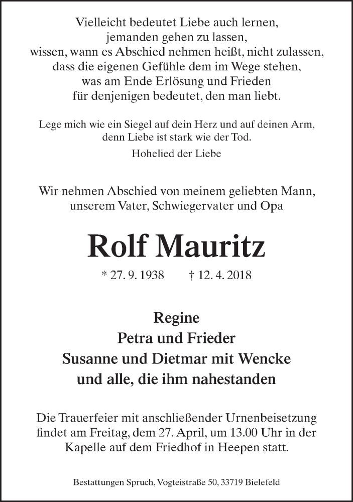  Traueranzeige für Rolf Mauritz vom 18.04.2018 aus Neue Westfälische