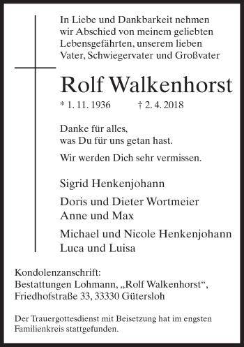 Traueranzeige von Rolf Walkenhorst von Neue Westfälische