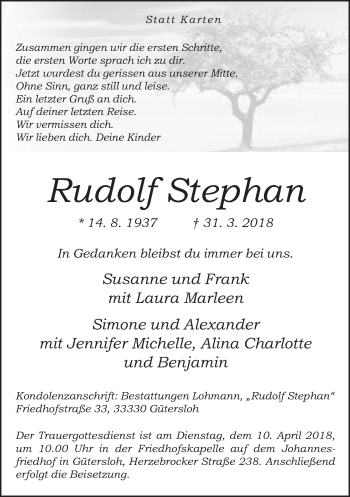 Traueranzeige von Rudolf Stephan von Neue Westfälische