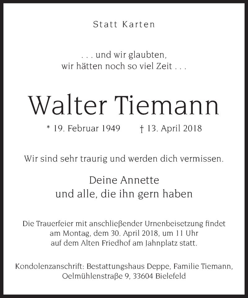  Traueranzeige für Walter Tiemann vom 21.04.2018 aus Neue Westfälische