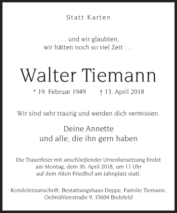 Traueranzeige von Walter Tiemann von Neue Westfälische