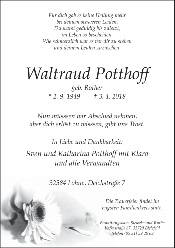 Traueranzeige von Waltraud Potthoff von Neue Westfälische