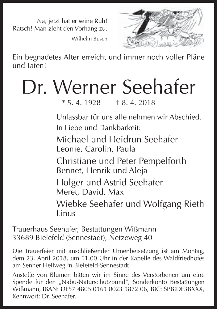 Traueranzeige für Werner Seehafer vom 14.04.2018 aus Neue Westfälische