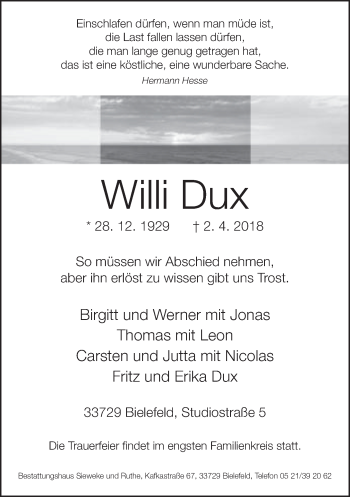 Traueranzeige von Willi Dux von Neue Westfälische