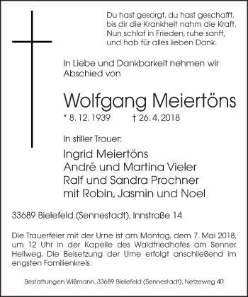 Traueranzeige von Wolfgang Meiertöns von Neue Westfälische
