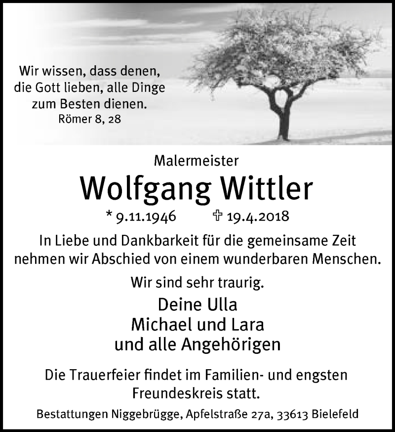  Traueranzeige für Wolfgang Wittler vom 21.04.2018 aus Neue Westfälische