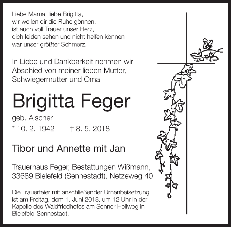  Traueranzeige für Brigitta Feger vom 26.05.2018 aus Neue Westfälische
