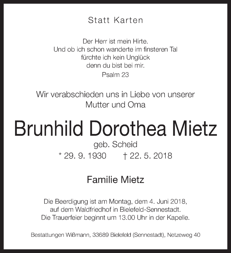  Traueranzeige für Brunhild Dorothea Mietz vom 30.05.2018 aus Neue Westfälische