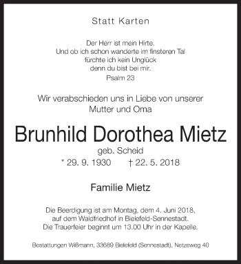 Traueranzeige von Brunhild Dorothea Mietz von Neue Westfälische