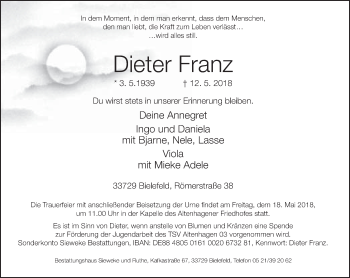 Traueranzeige von Dieter Franz von Neue Westfälische