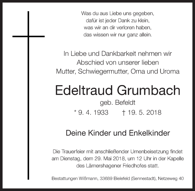  Traueranzeige für Edeltraud Grumbach vom 23.05.2018 aus Neue Westfälische