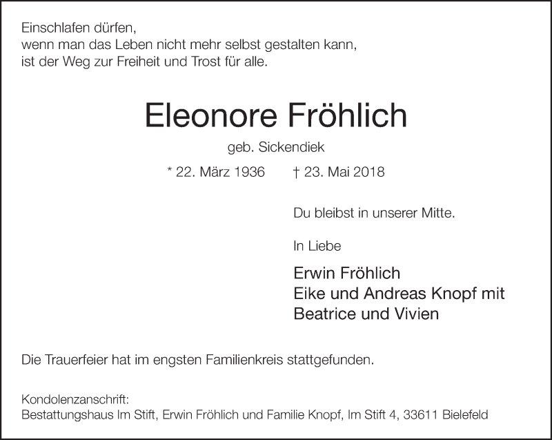  Traueranzeige für Eleonore Fröhlich vom 31.05.2018 aus Neue Westfälische
