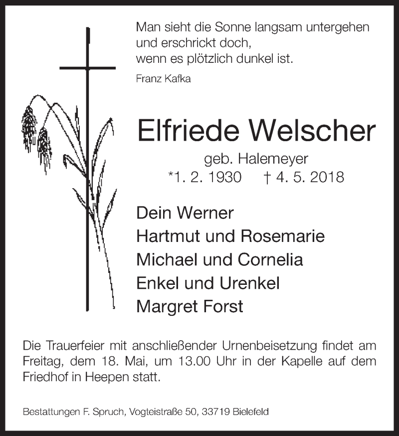  Traueranzeige für Elfriede Welscher vom 12.05.2018 aus Neue Westfälische