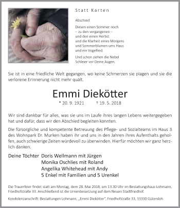 Traueranzeige von Emmi Diekötter von Neue Westfälische